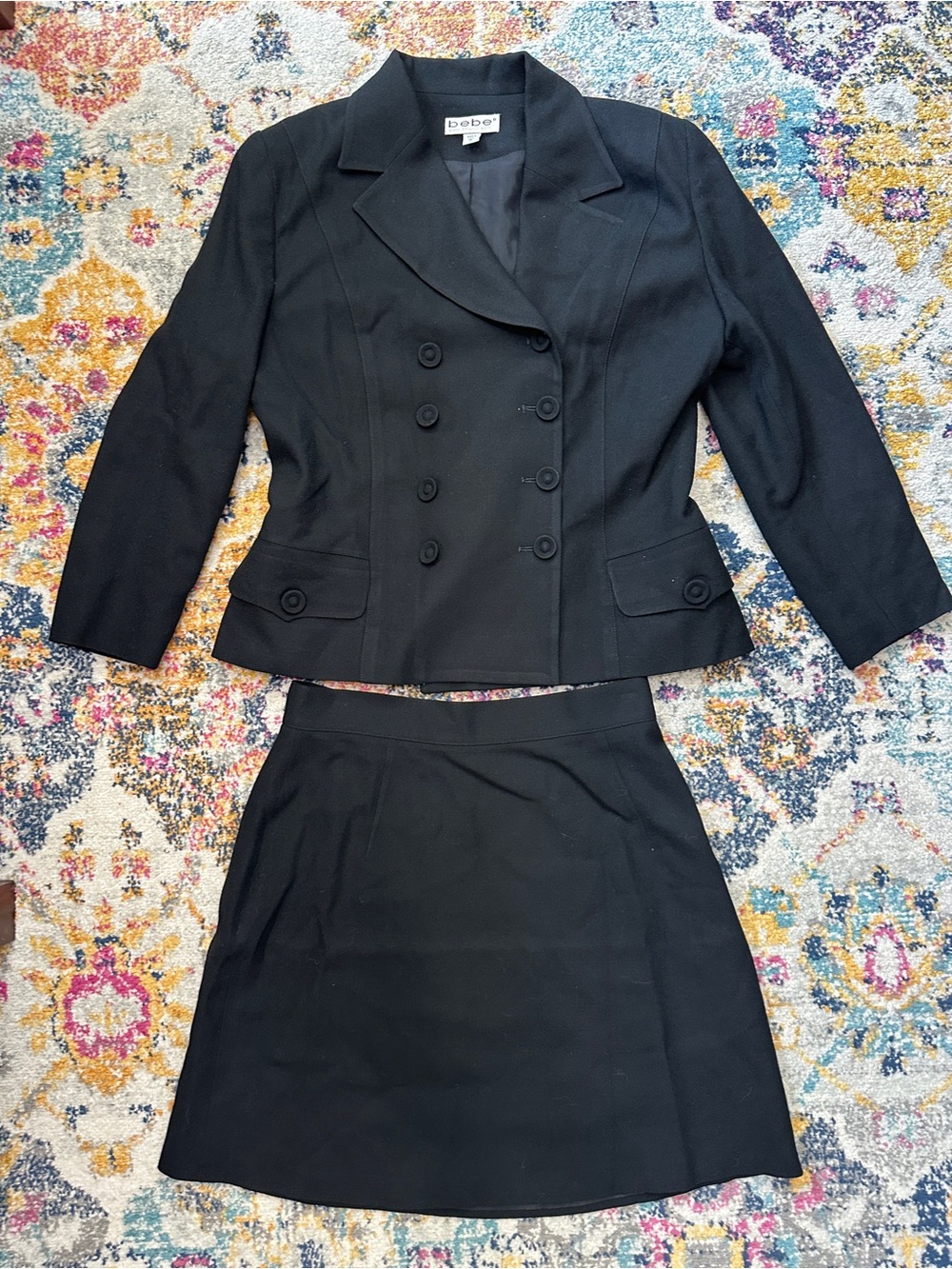 Vintage 90s Bebe Wool Double Breasted Skirt Suit Set USA Made Black 10